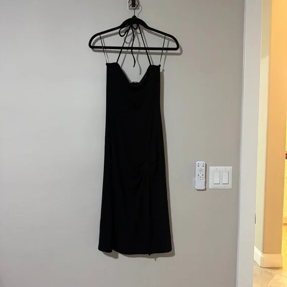 Reformation Black Ribbed Hilo Twist Dress with High Slit